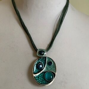 Modernist style blue green enamel pendant necklace